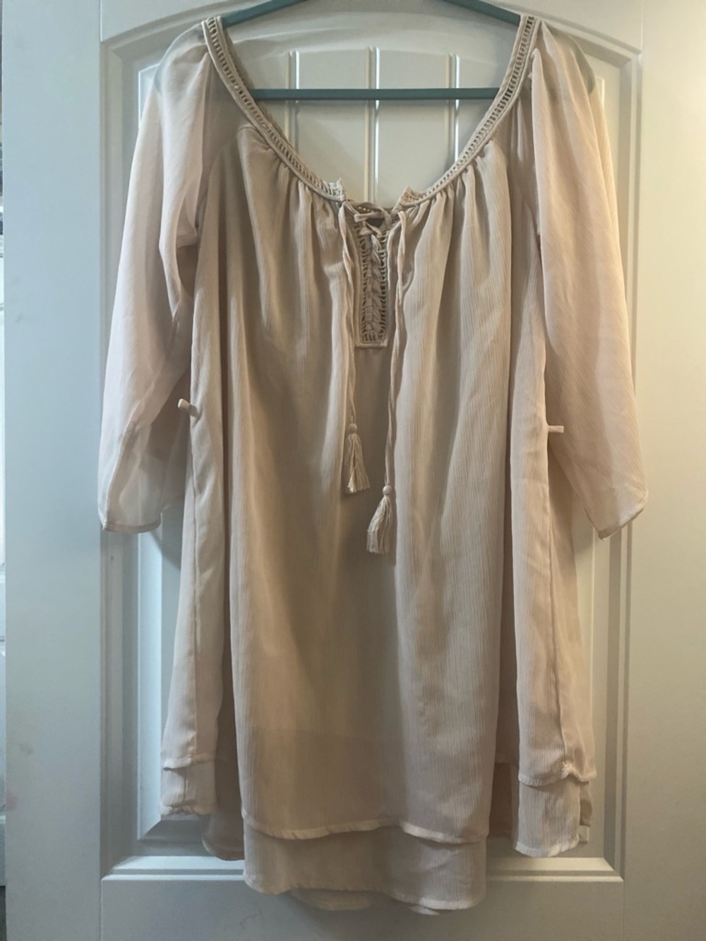 Women's Tunic Top - Beige Lace-Up Neck